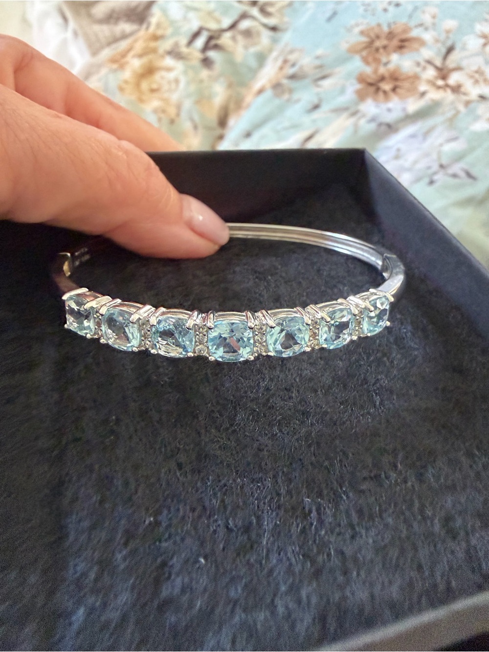 Silver Bangle Bracelet with Light Blue Gemstones